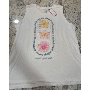 Simply Southern women's tank Bloom Flowers White top Xl plumeria Hibiscus